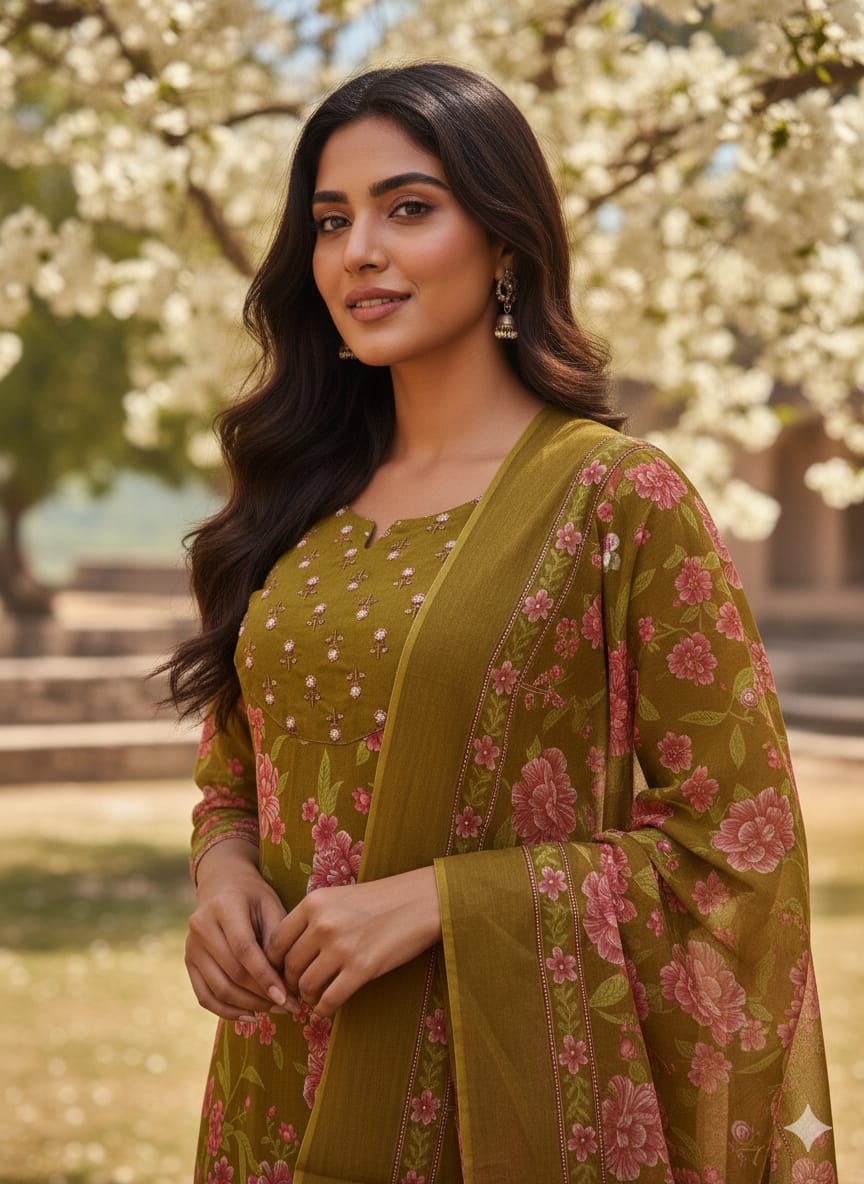 Cotton Cambric Printed Kurti Pant Dupatta Set for Women