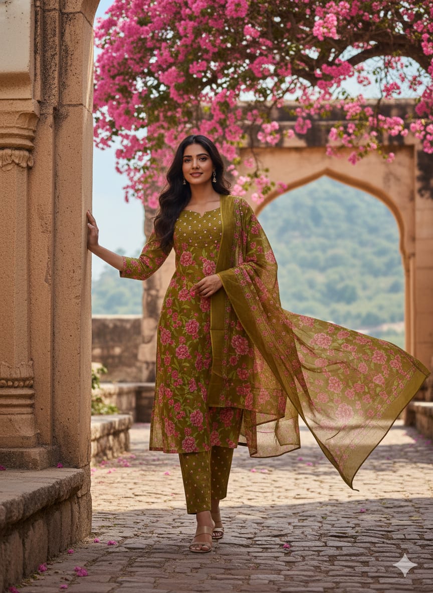 Cotton Cambric Printed Kurti Pant Dupatta Set for Women