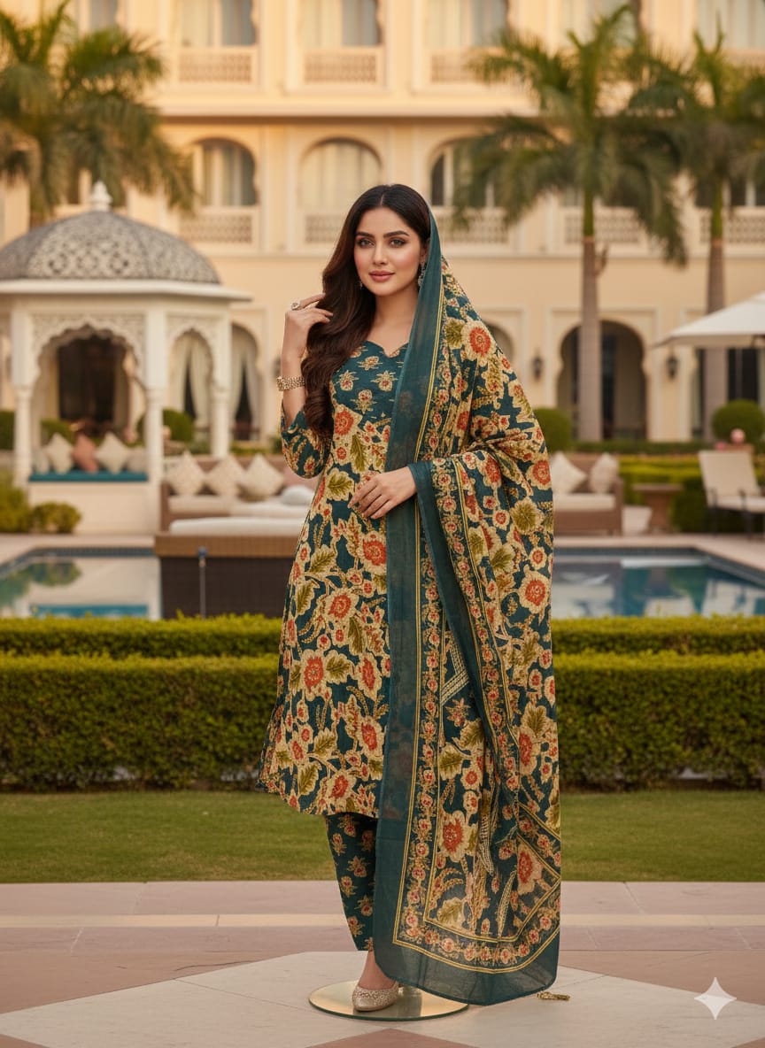 Cotton Cambric Printed Kurti Pant Dupatta Set for Women