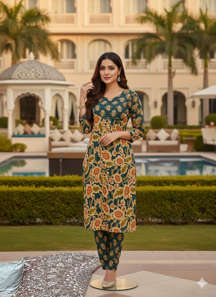 Cotton Cambric Printed Kurti Pant Dupatta Set for Women