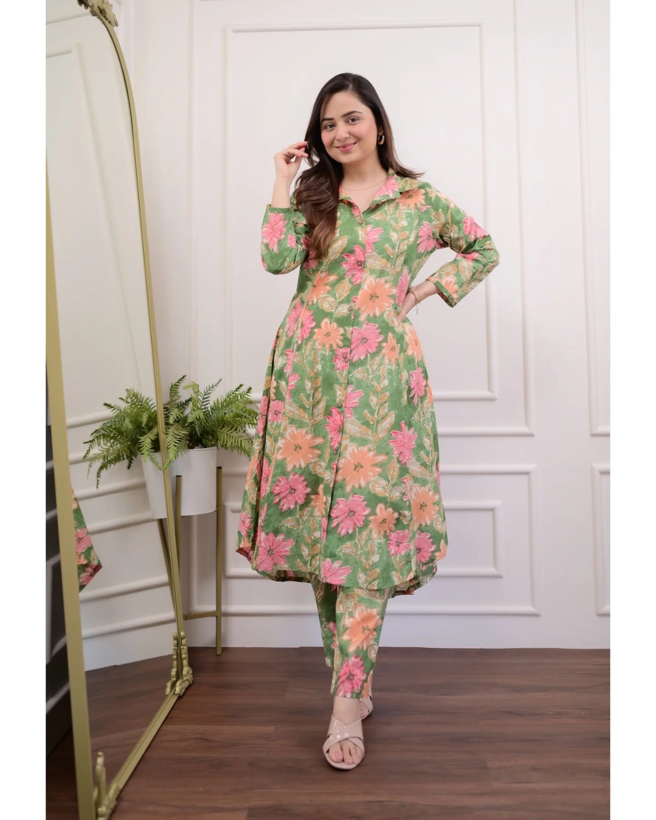 Women’s Printed Cotton Kurti Pant Set with 3/4th Sleeves