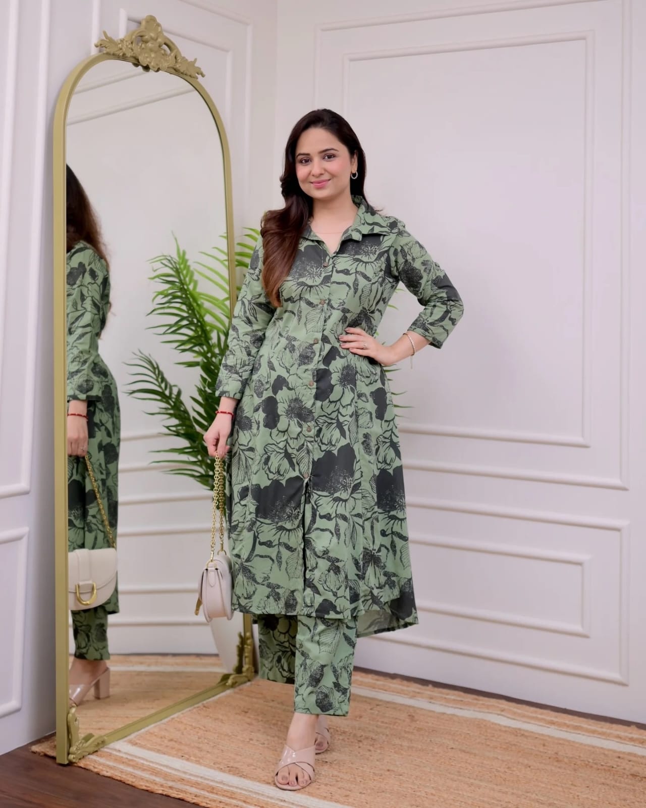 Women’s Printed Cotton Kurti Pant Set with 3/4th Sleeves