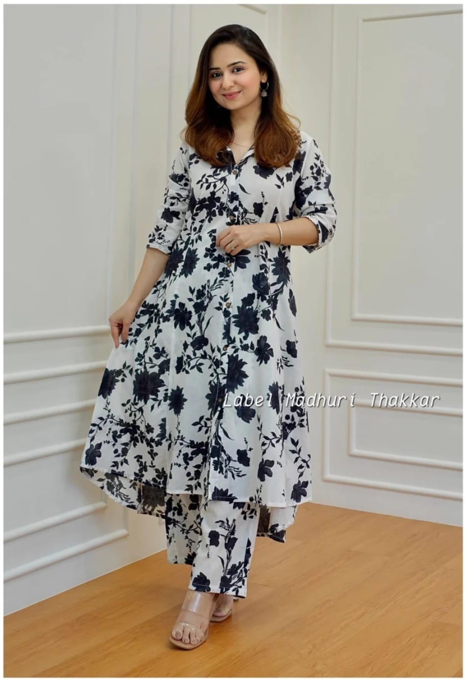 Women’s Printed Cotton Kurti Pant Set with 3/4th Sleeves
