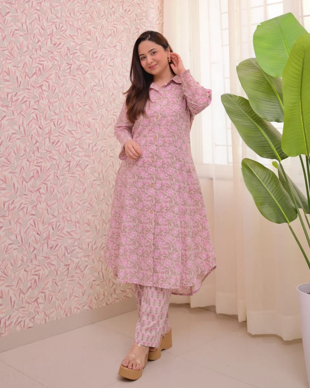 Women’s Printed Cotton Kurti Pant Set with 3/4th Sleeves