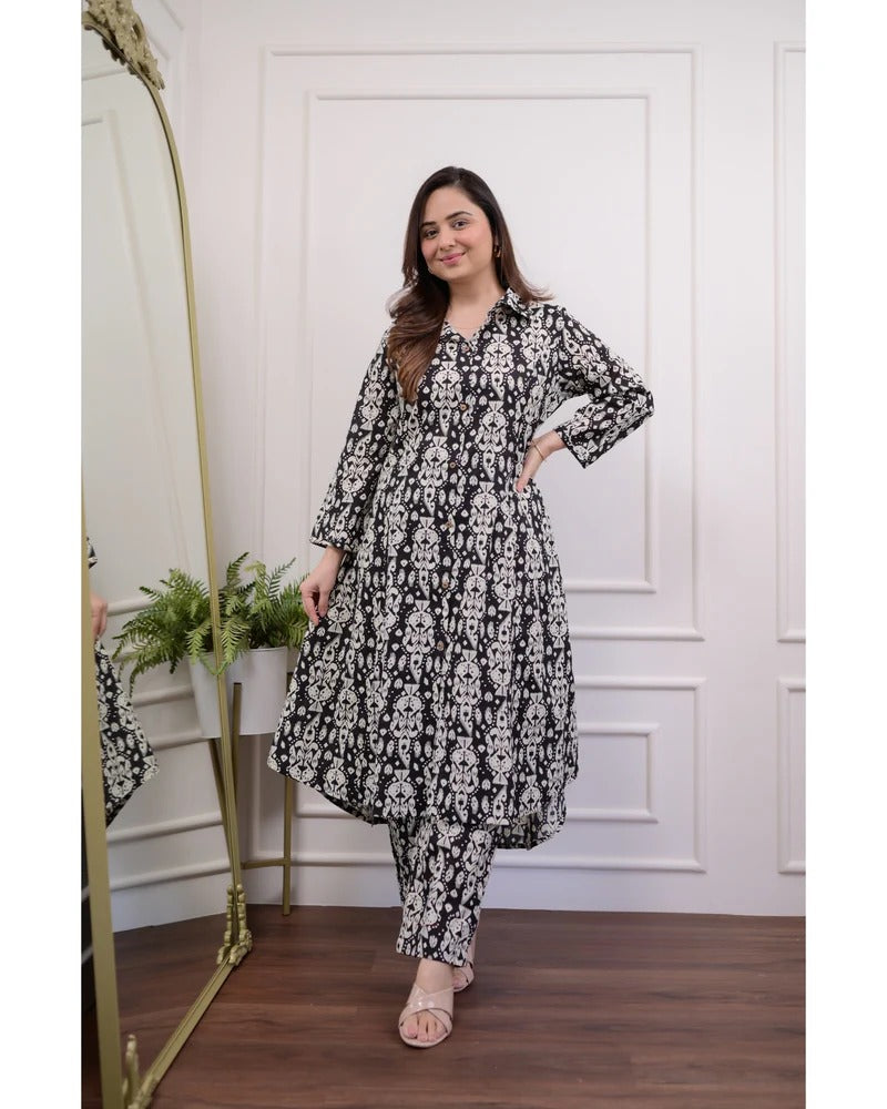 Women’s Printed Cotton Kurti Pant Set with 3/4th Sleeves