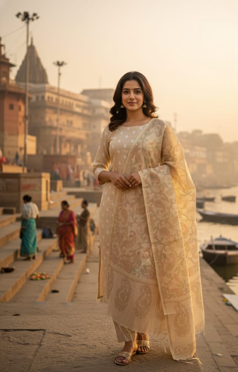 Banarasi Chanderi Dupion Suit Set with Tie-Dye Dupatta