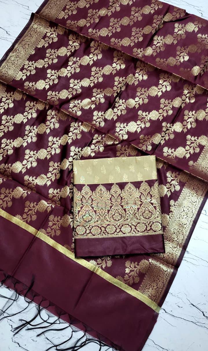 Banarasi Silk Katan Unstitched Salwar Kameez Set with Dupatta