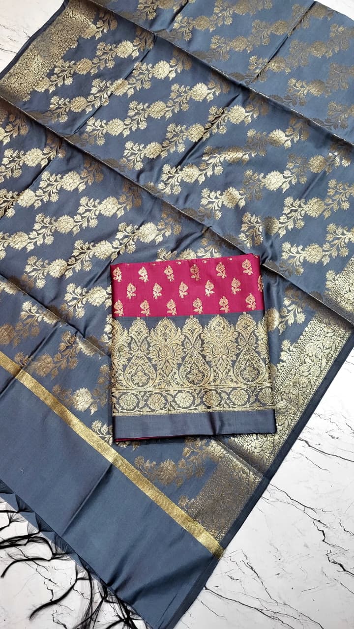 Banarasi Silk Katan Unstitched Salwar Kameez Set with Dupatta