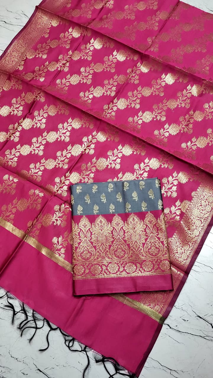 Banarasi Silk Katan Unstitched Salwar Kameez Set with Dupatta