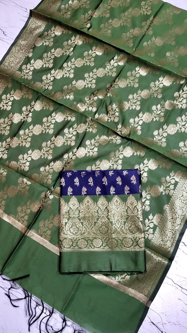 Banarasi Silk Katan Unstitched Salwar Kameez Set with Dupatta