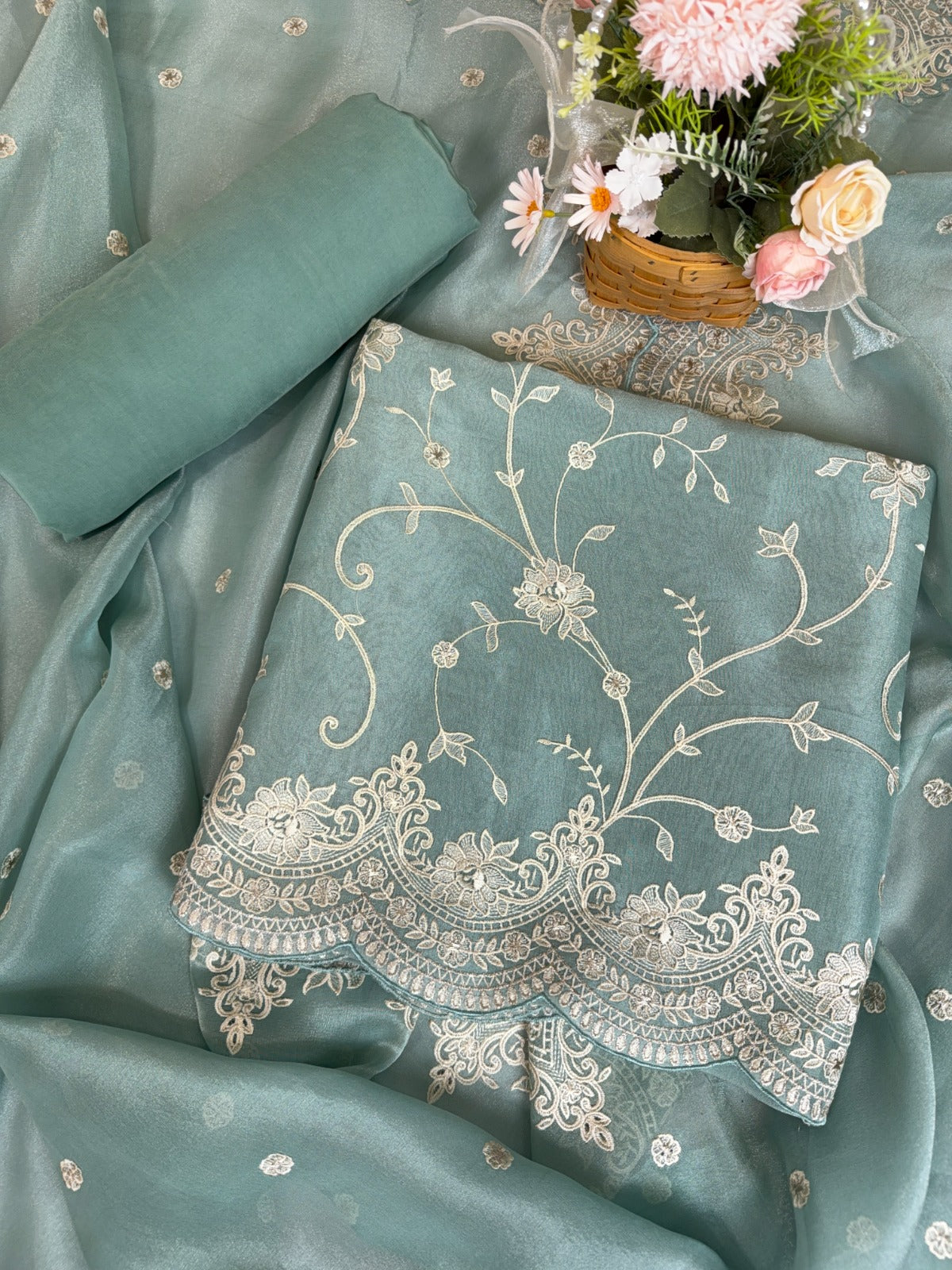 Elegant Turquoise Tissue Suit with Exquisite Parsi Threadwork