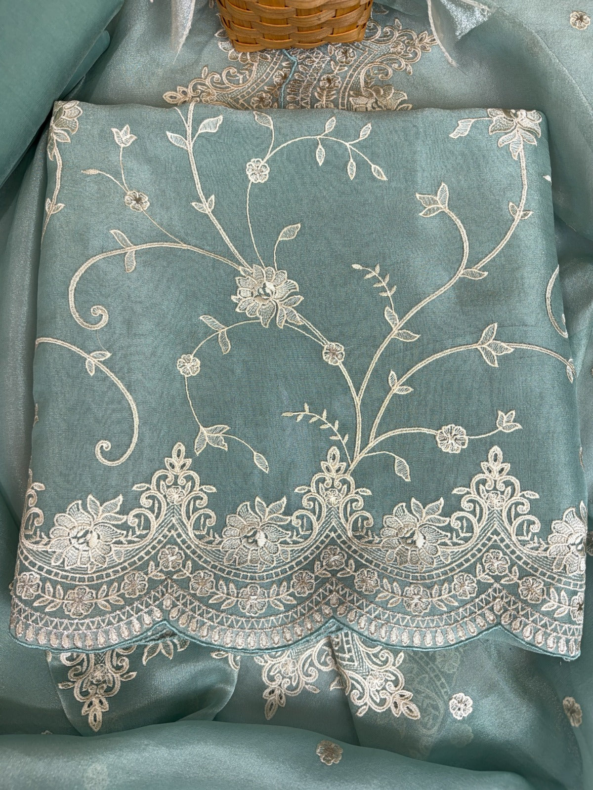 Elegant Turquoise Tissue Suit with Exquisite Parsi Threadwork
