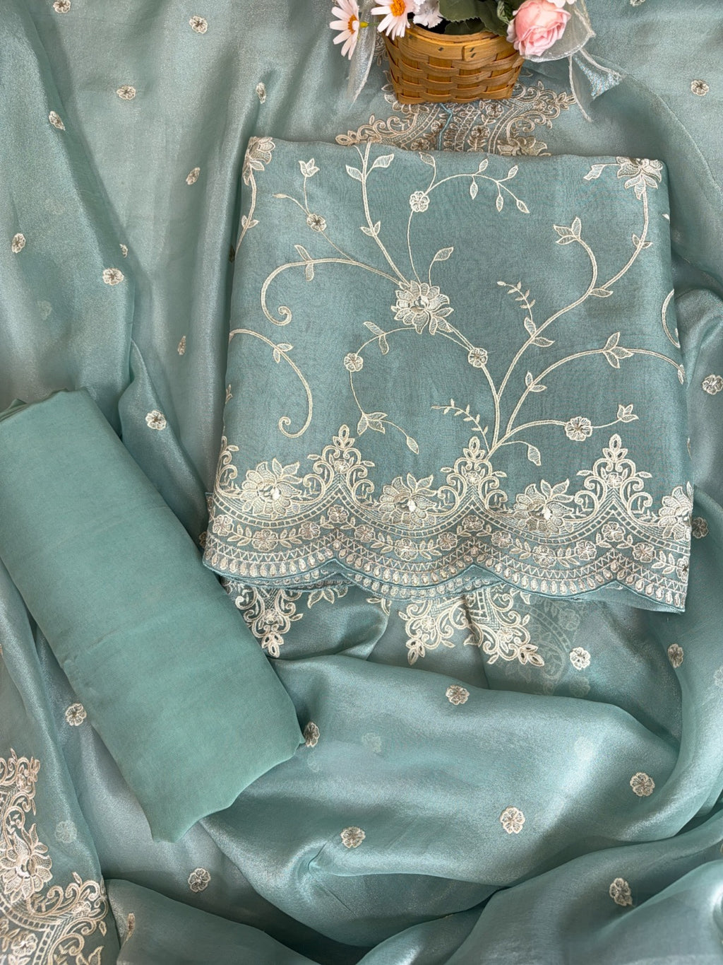 Elegant Turquoise Tissue Suit with Exquisite Parsi Threadwork