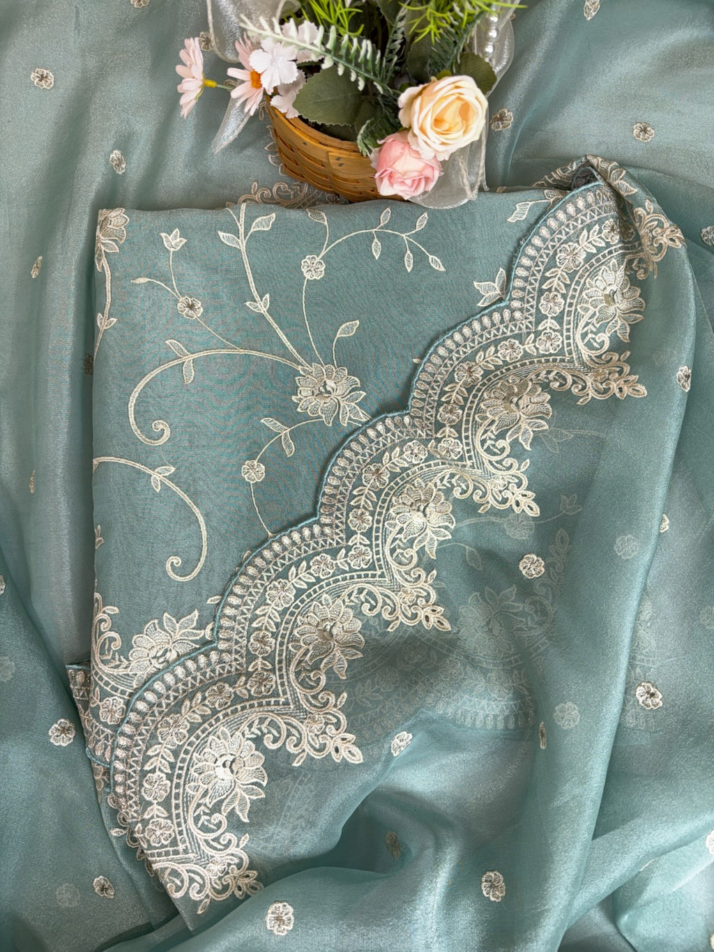 Elegant Turquoise Tissue Suit with Exquisite Parsi Threadwork