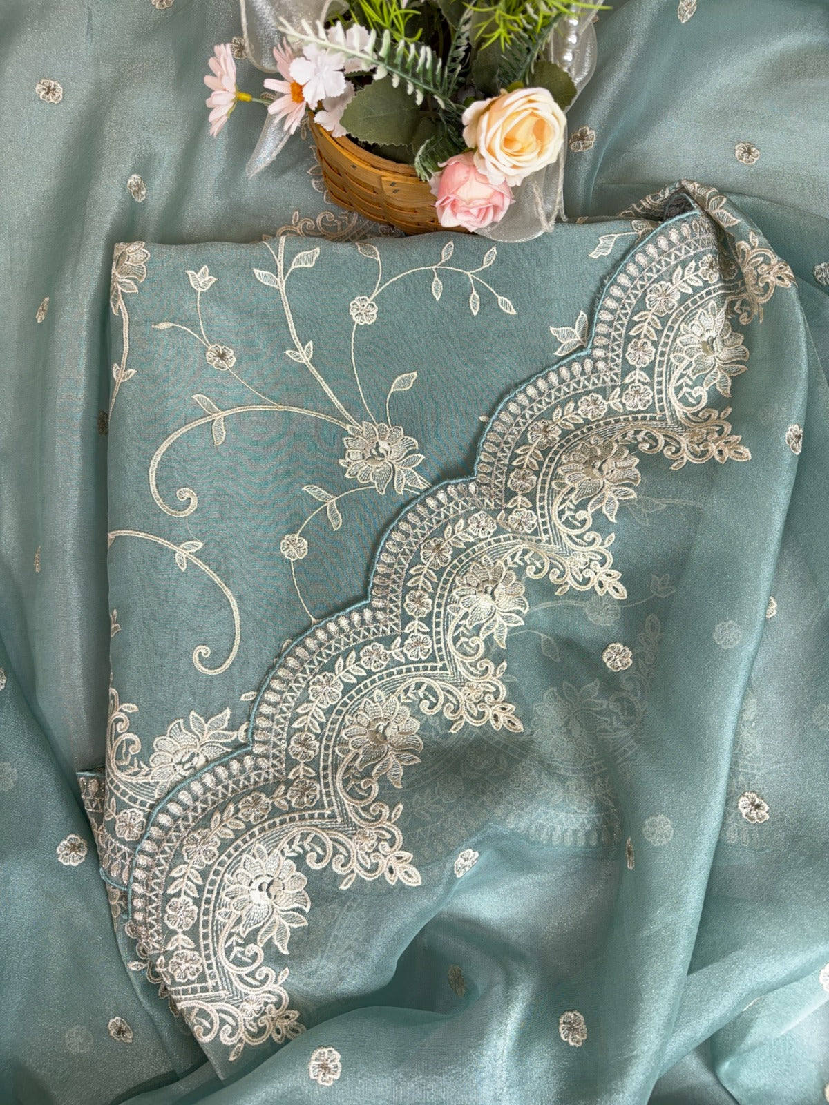 Elegant Turquoise Tissue Suit with Exquisite Parsi Threadwork
