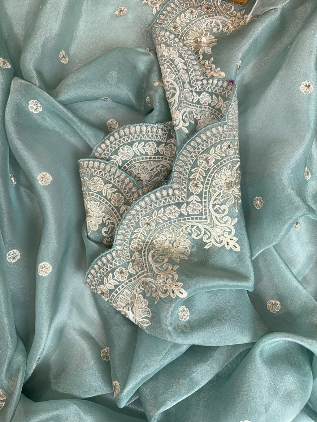 Elegant Turquoise Tissue Suit with Exquisite Parsi Threadwork