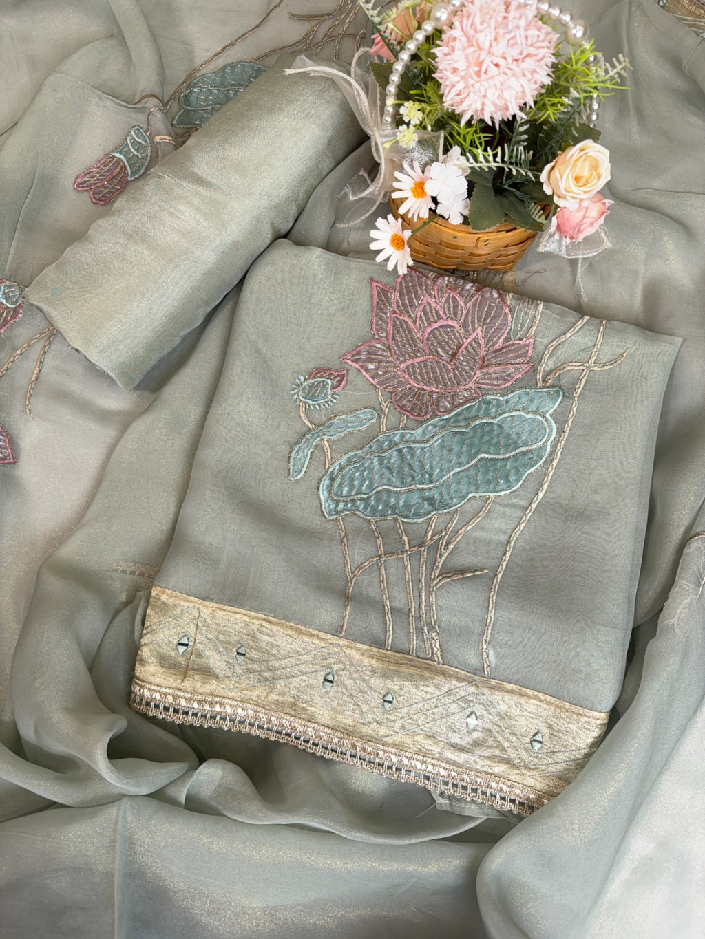 Pista Green Shimmer Tissue Suit with Exquisite Patch Work