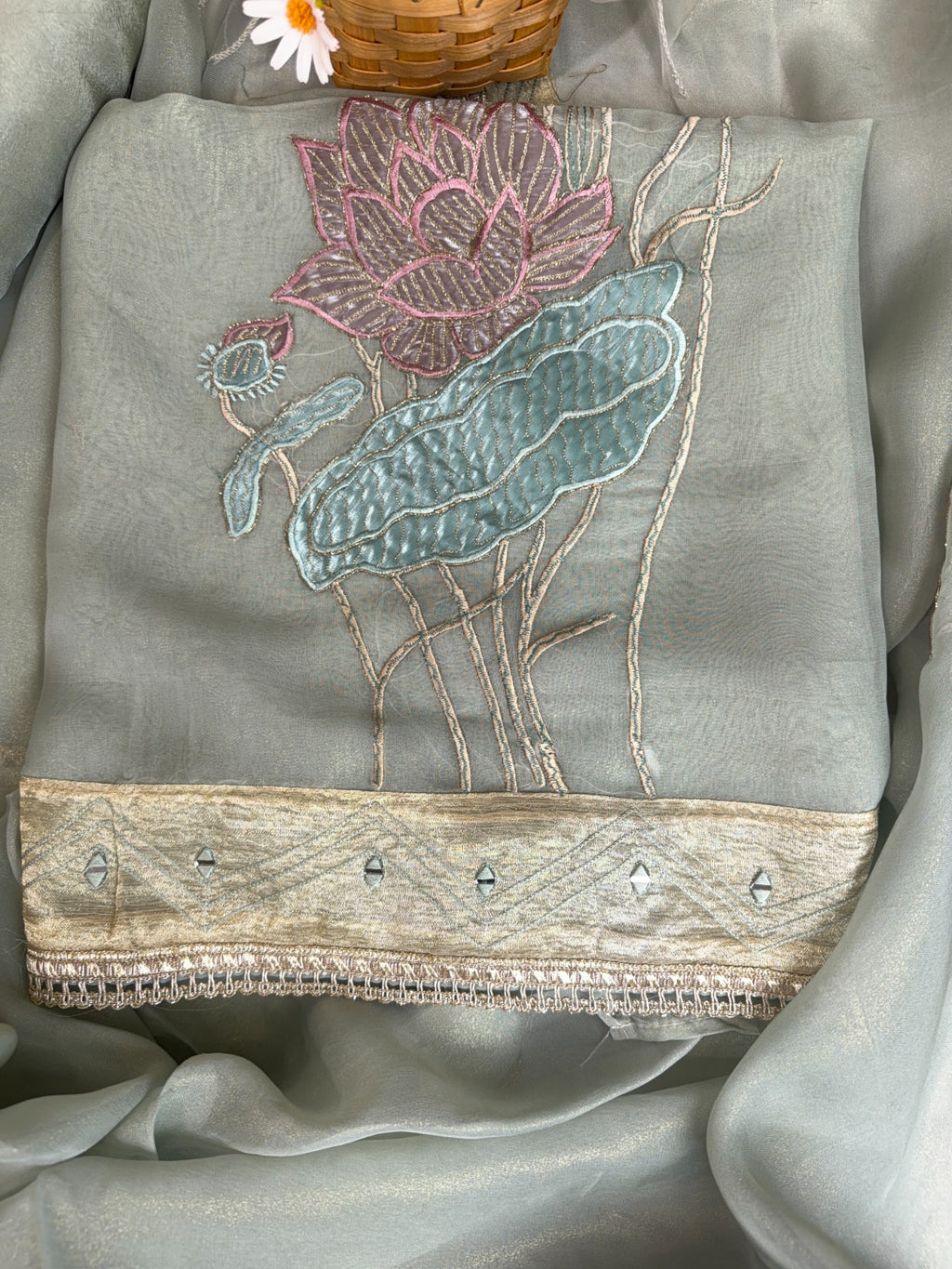 Pista Green Shimmer Tissue Suit with Exquisite Patch Work