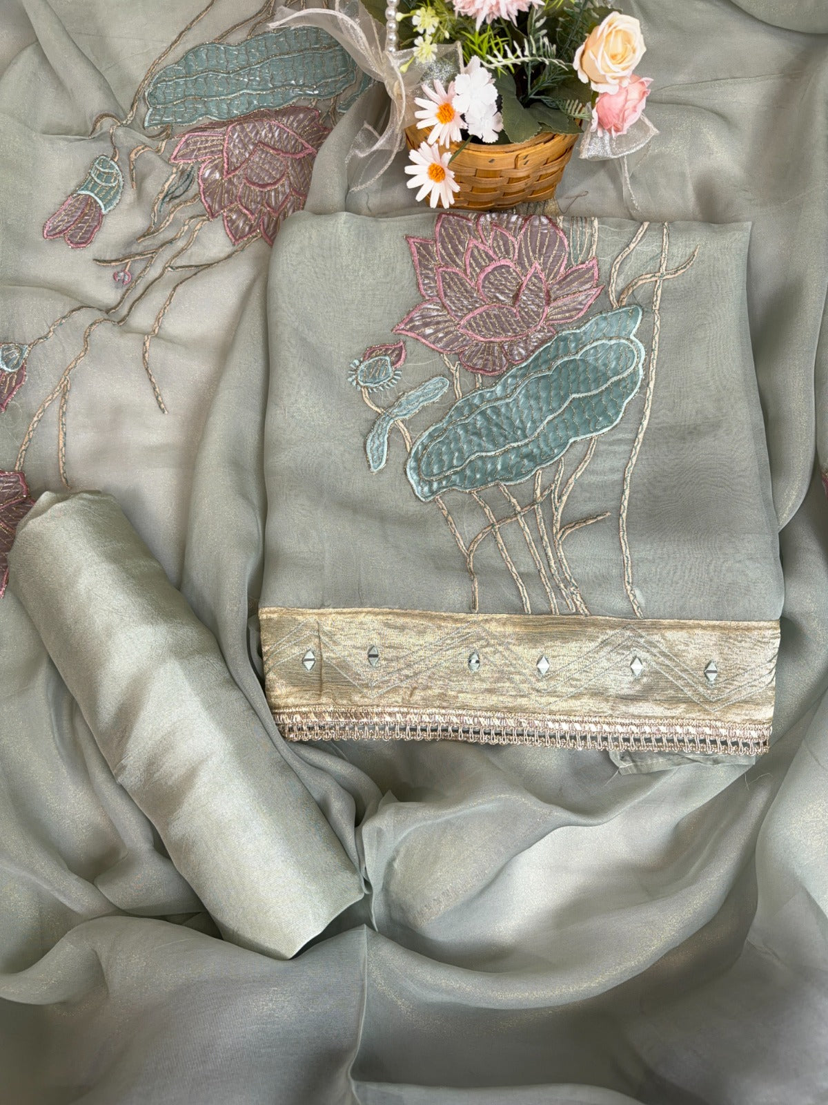Pista Green Shimmer Tissue Suit with Exquisite Patch Work