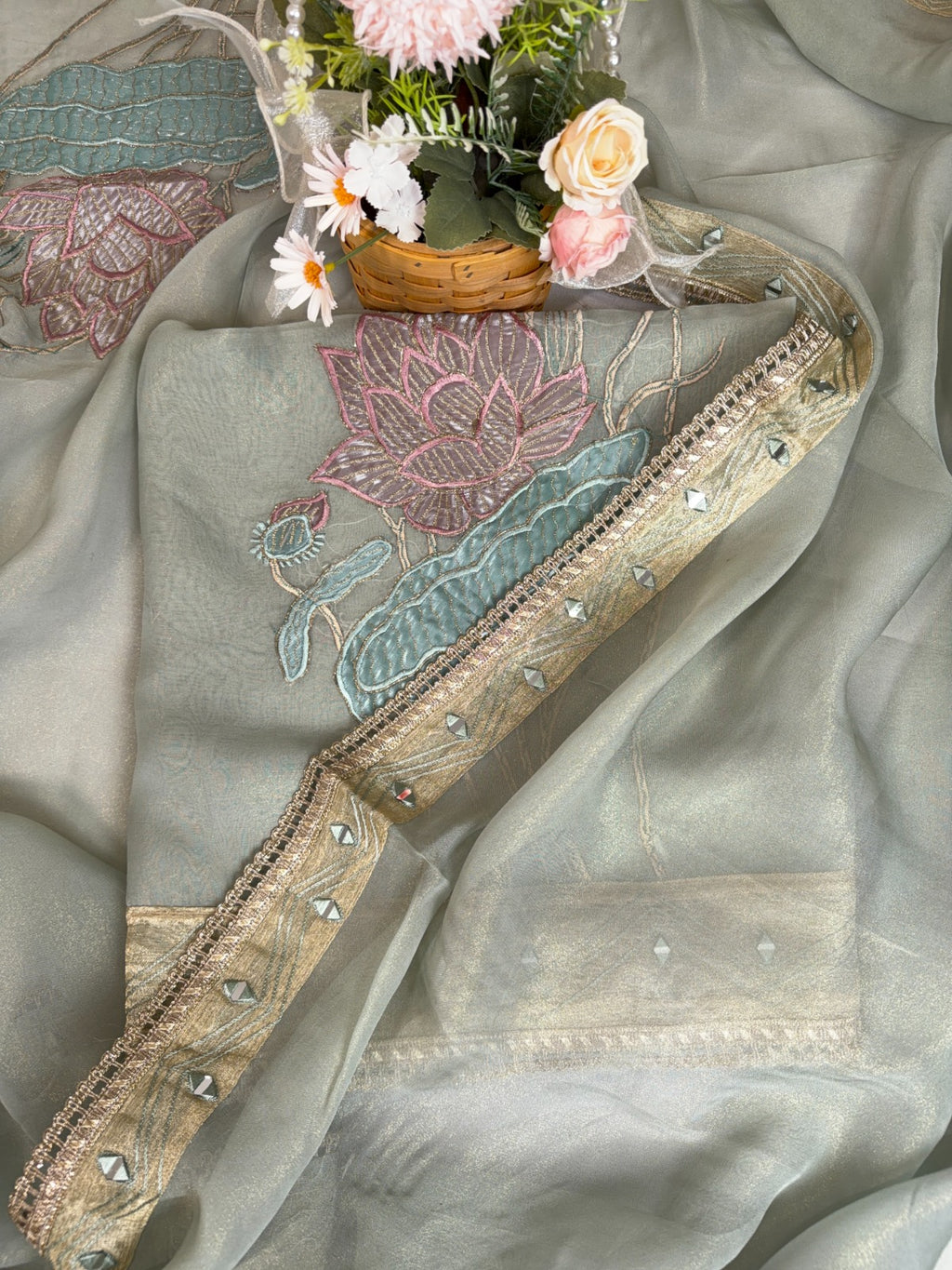 Pista Green Shimmer Tissue Suit with Exquisite Patch Work