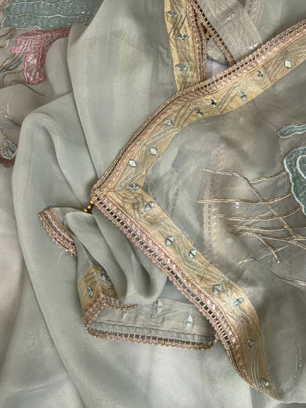 Pista Green Shimmer Tissue Suit with Exquisite Patch Work