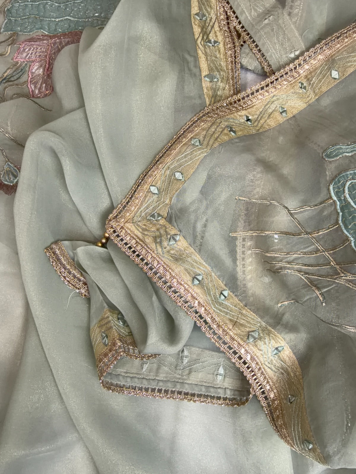 Pista Green Shimmer Tissue Suit with Exquisite Patch Work
