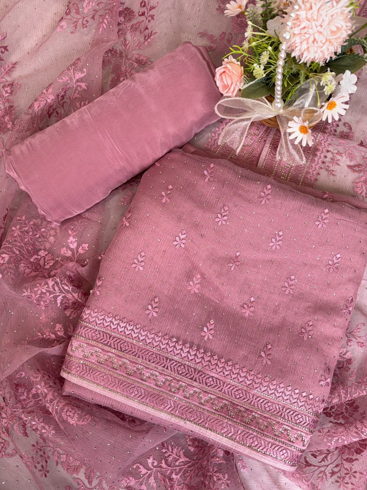 Elegant Pink Crush Chiffon Suit with Thread and Swarovski Work