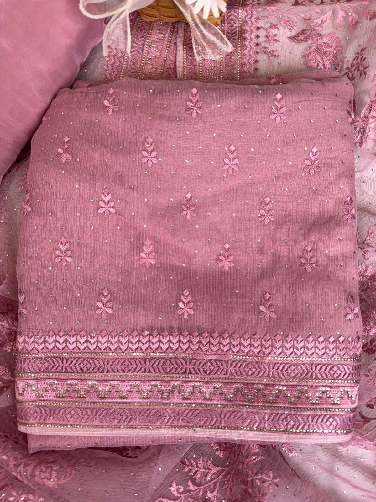Elegant Pink Crush Chiffon Suit with Thread and Swarovski Work