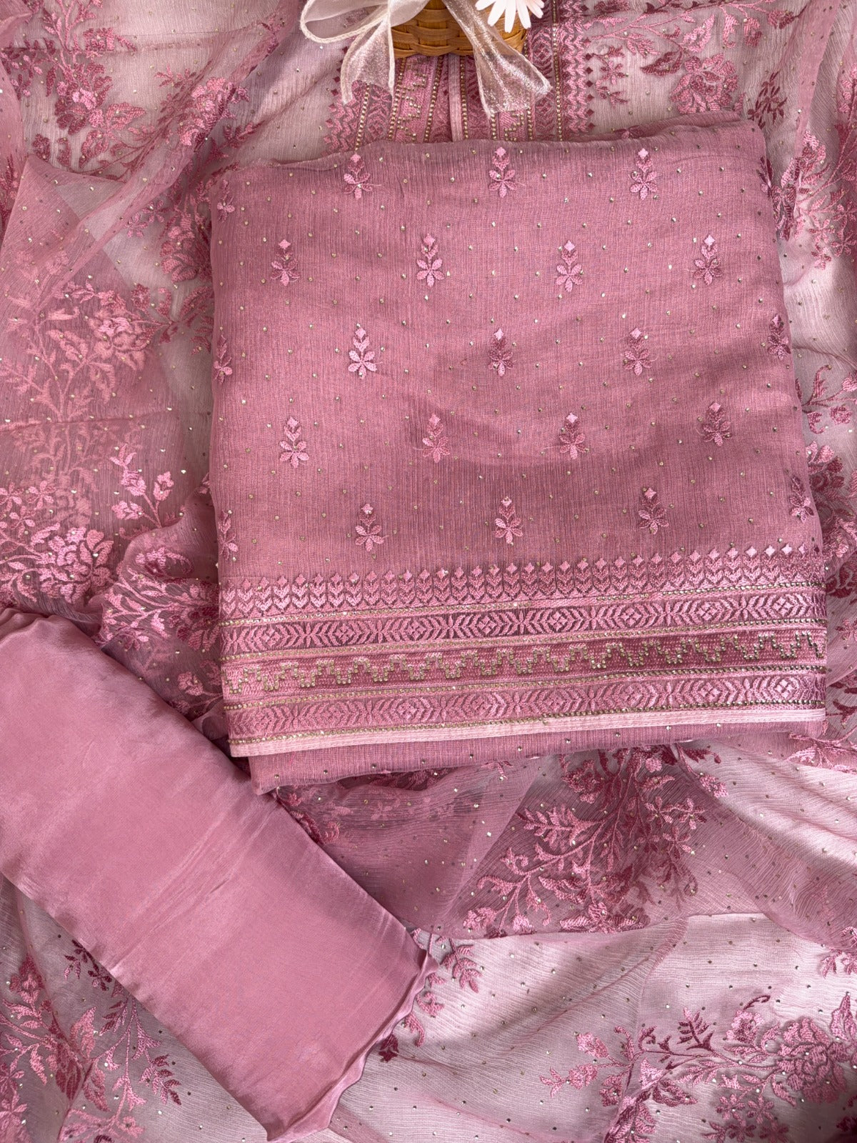 Elegant Pink Crush Chiffon Suit with Thread and Swarovski Work