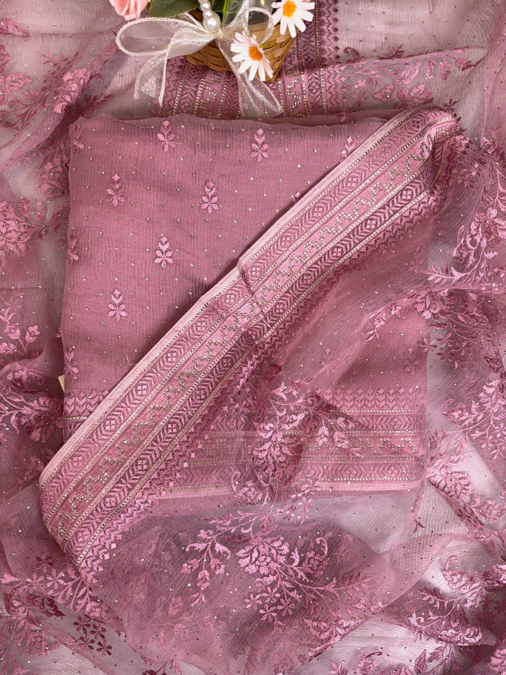 Elegant Pink Crush Chiffon Suit with Thread and Swarovski Work