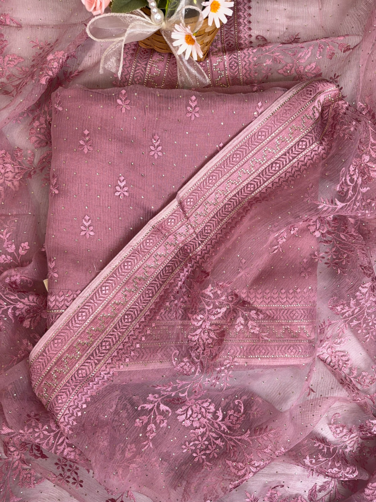 Elegant Pink Crush Chiffon Suit with Thread and Swarovski Work