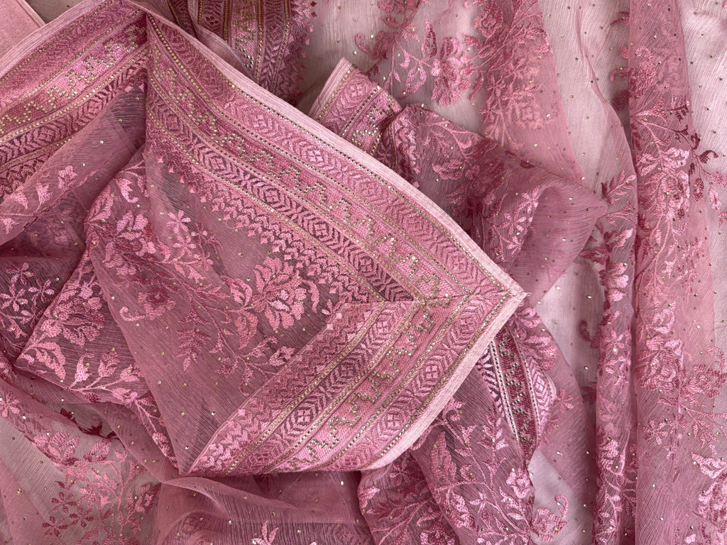 Elegant Pink Crush Chiffon Suit with Thread and Swarovski Work