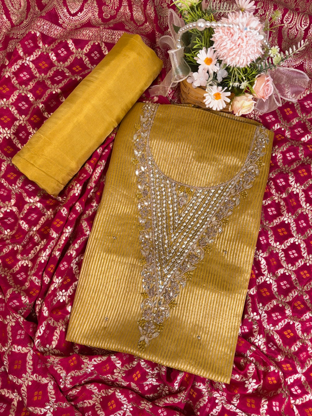 Elegant Yellow Stripes Organza Suit with Gotta Patti Knots and Dorri Work