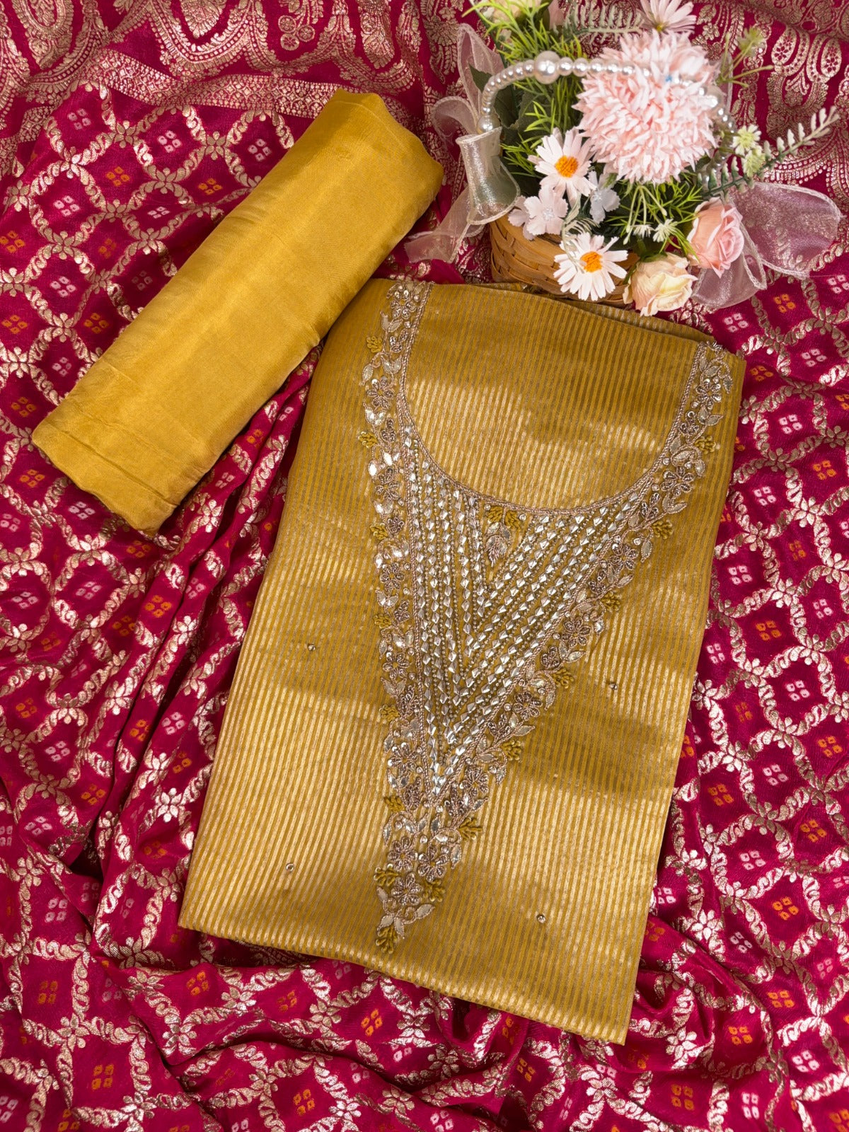 Elegant Yellow Stripes Organza Suit with Gotta Patti Knots and Dorri Work