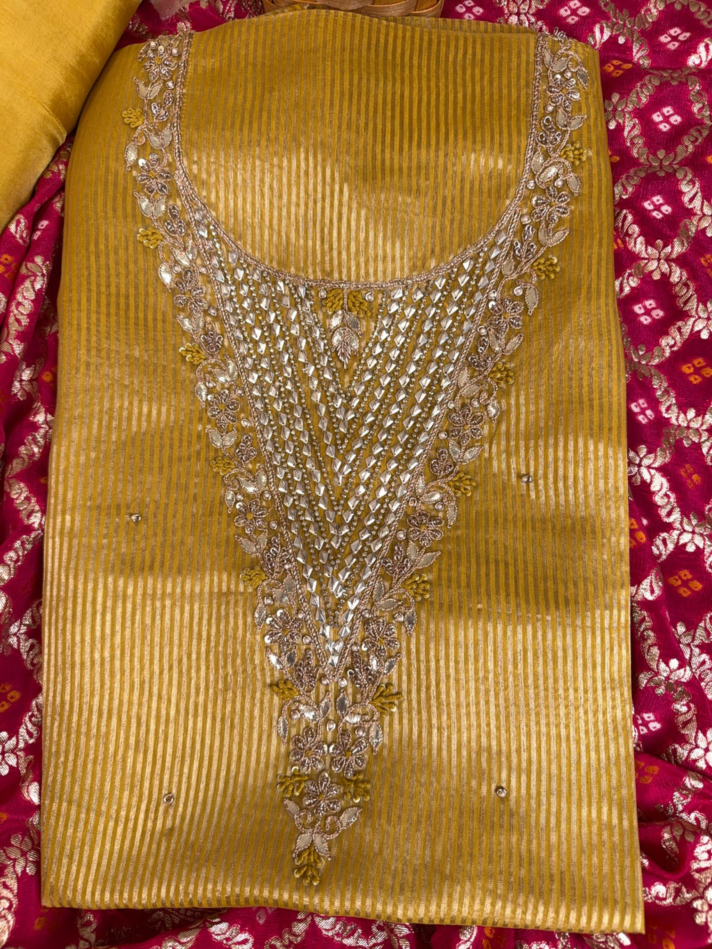 Elegant Yellow Stripes Organza Suit with Gotta Patti Knots and Dorri Work