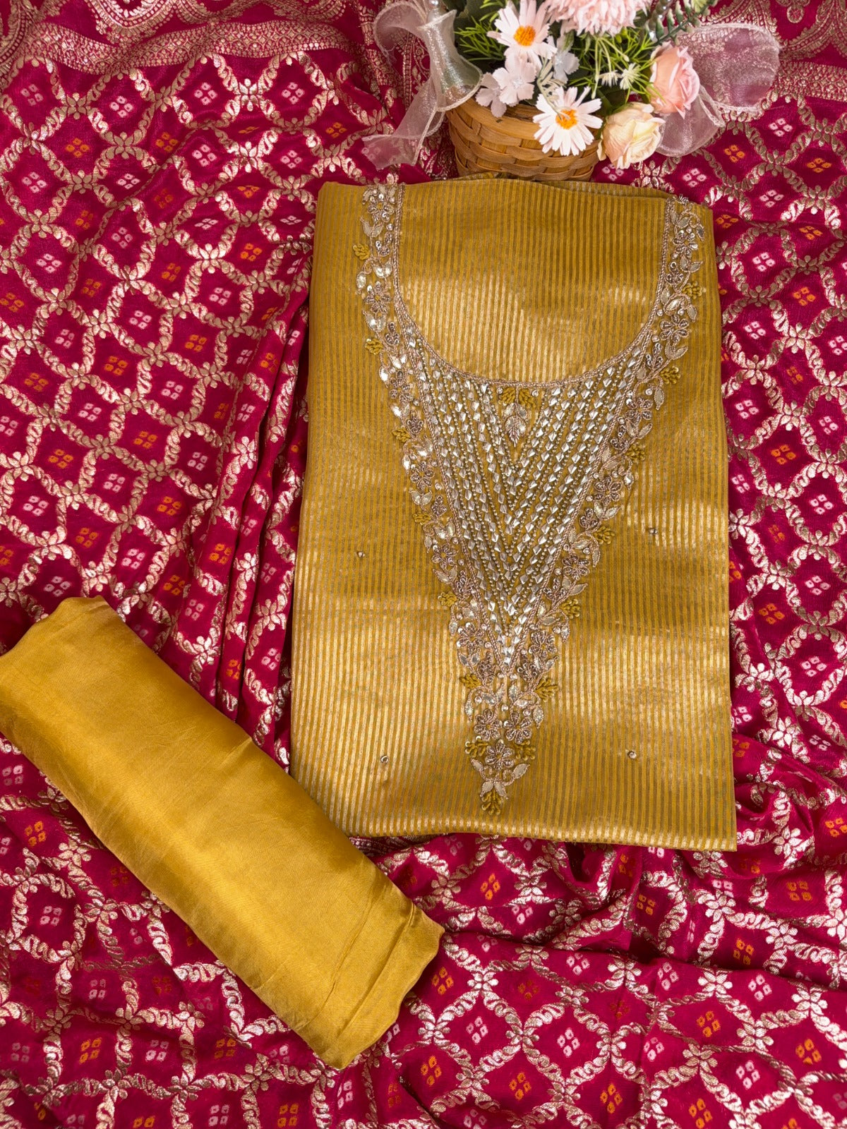 Elegant Yellow Stripes Organza Suit with Gotta Patti Knots and Dorri Work