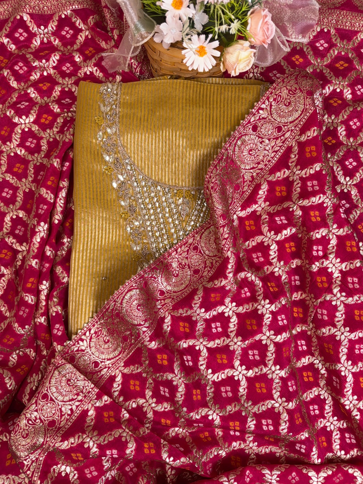 Elegant Yellow Stripes Organza Suit with Gotta Patti Knots and Dorri Work