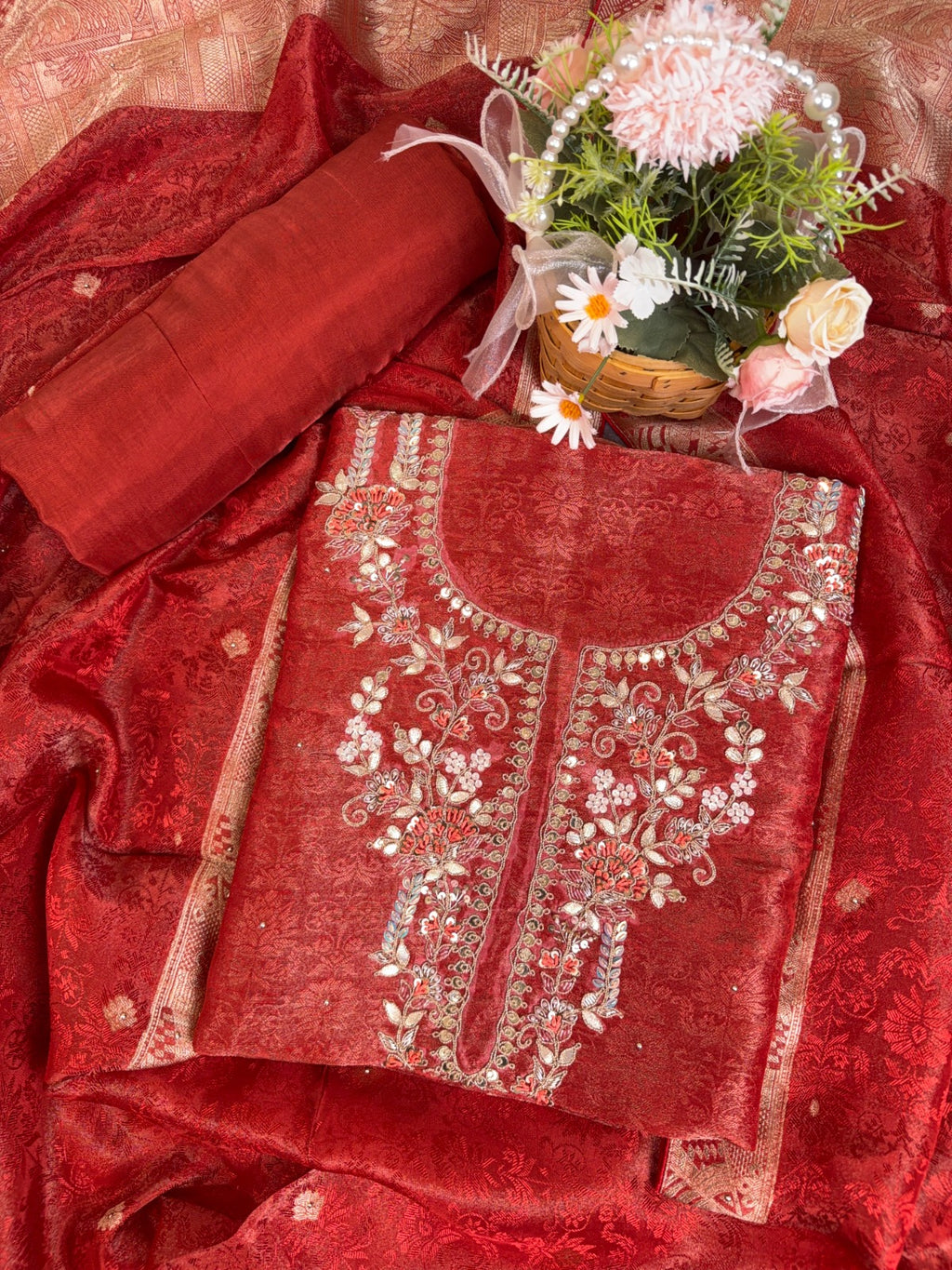 Elegant Rust Red Self Tissue Suit with Dori, Gota Patti and Knots Work