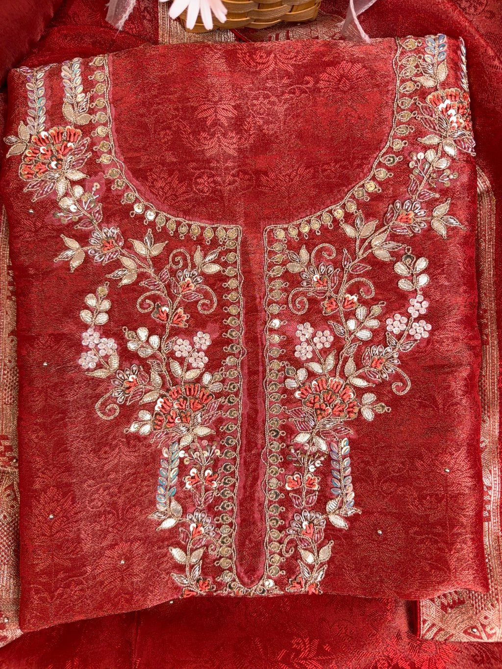 Elegant Rust Red Self Tissue Suit with Dori, Gota Patti and Knots Work