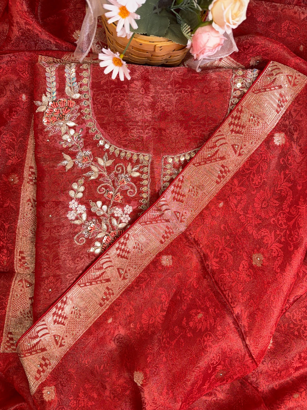 Elegant Rust Red Self Tissue Suit with Dori, Gota Patti and Knots Work