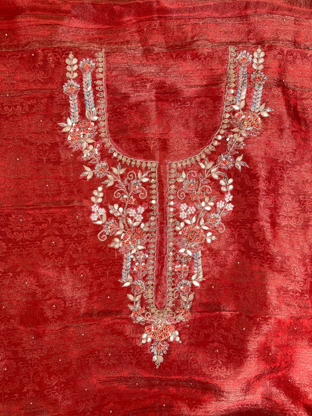Elegant Rust Red Self Tissue Suit with Dori, Gota Patti and Knots Work