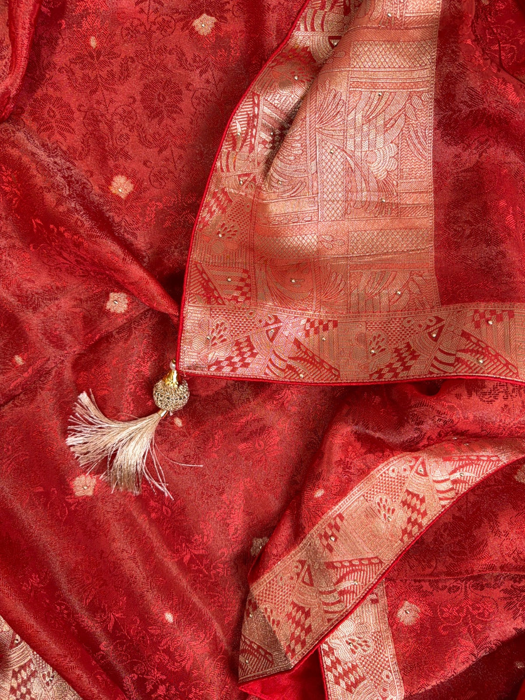 Elegant Rust Red Self Tissue Suit with Dori, Gota Patti and Knots Work