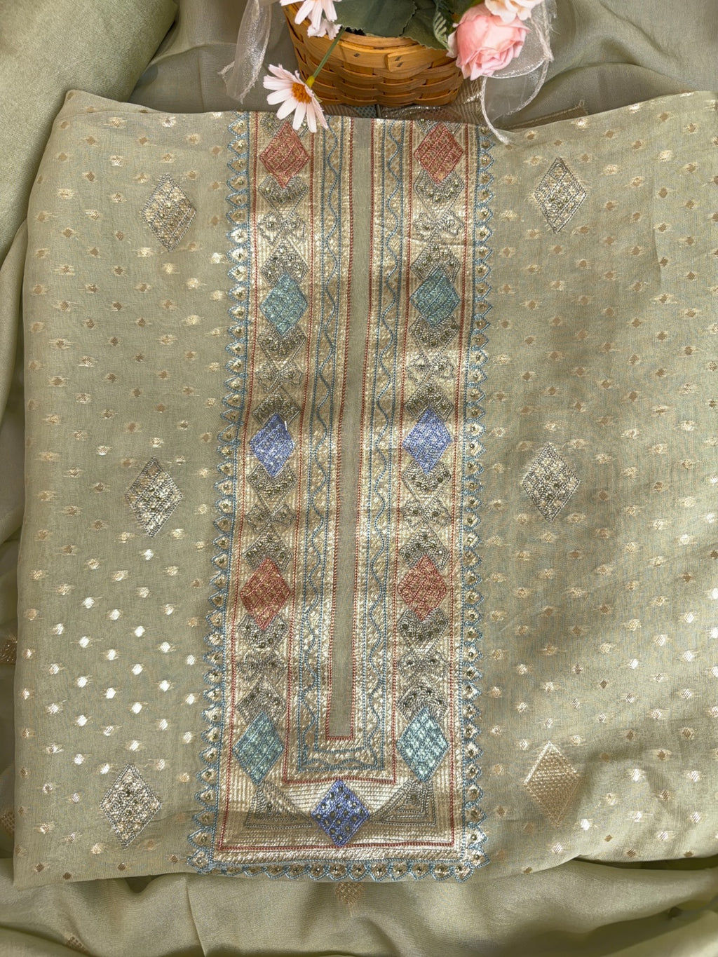 Elegant Pista Green Banarasi Suit with Intricate Aari Work