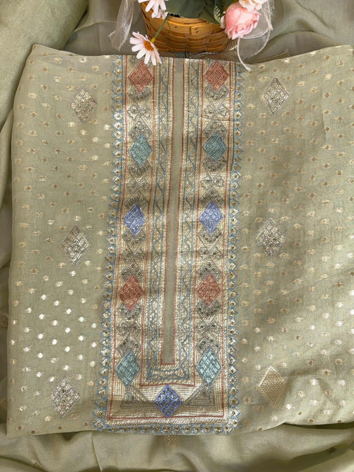 Elegant Pista Green Banarasi Suit with Intricate Aari Work