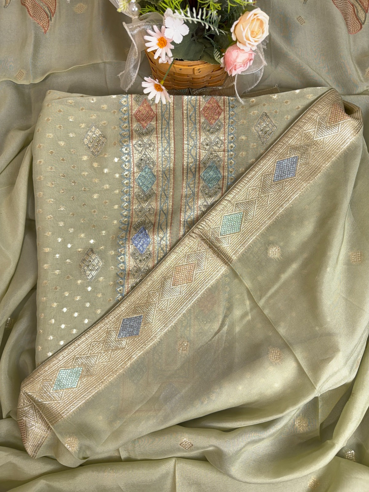 Elegant Pista Green Banarasi Suit with Intricate Aari Work