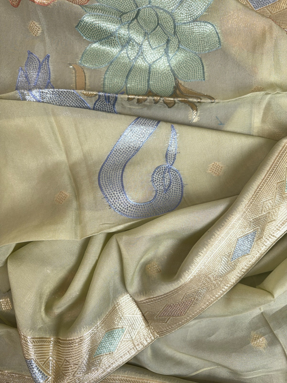 Elegant Pista Green Banarasi Suit with Intricate Aari Work