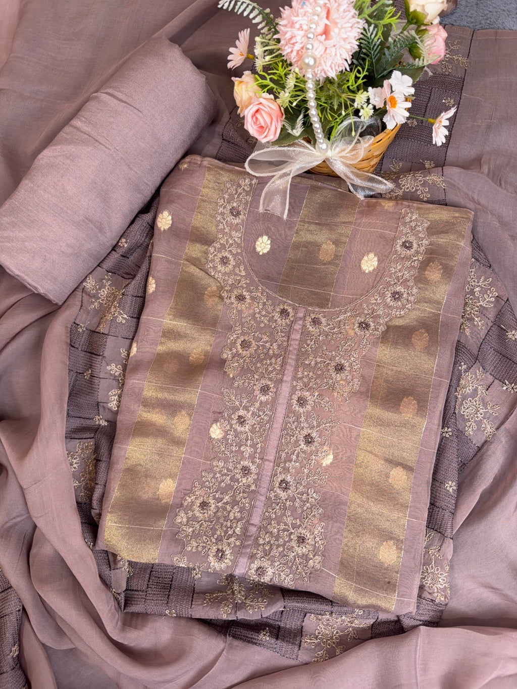 Luxurious Banarasi Tissue Suit with Dorri and Knots Work