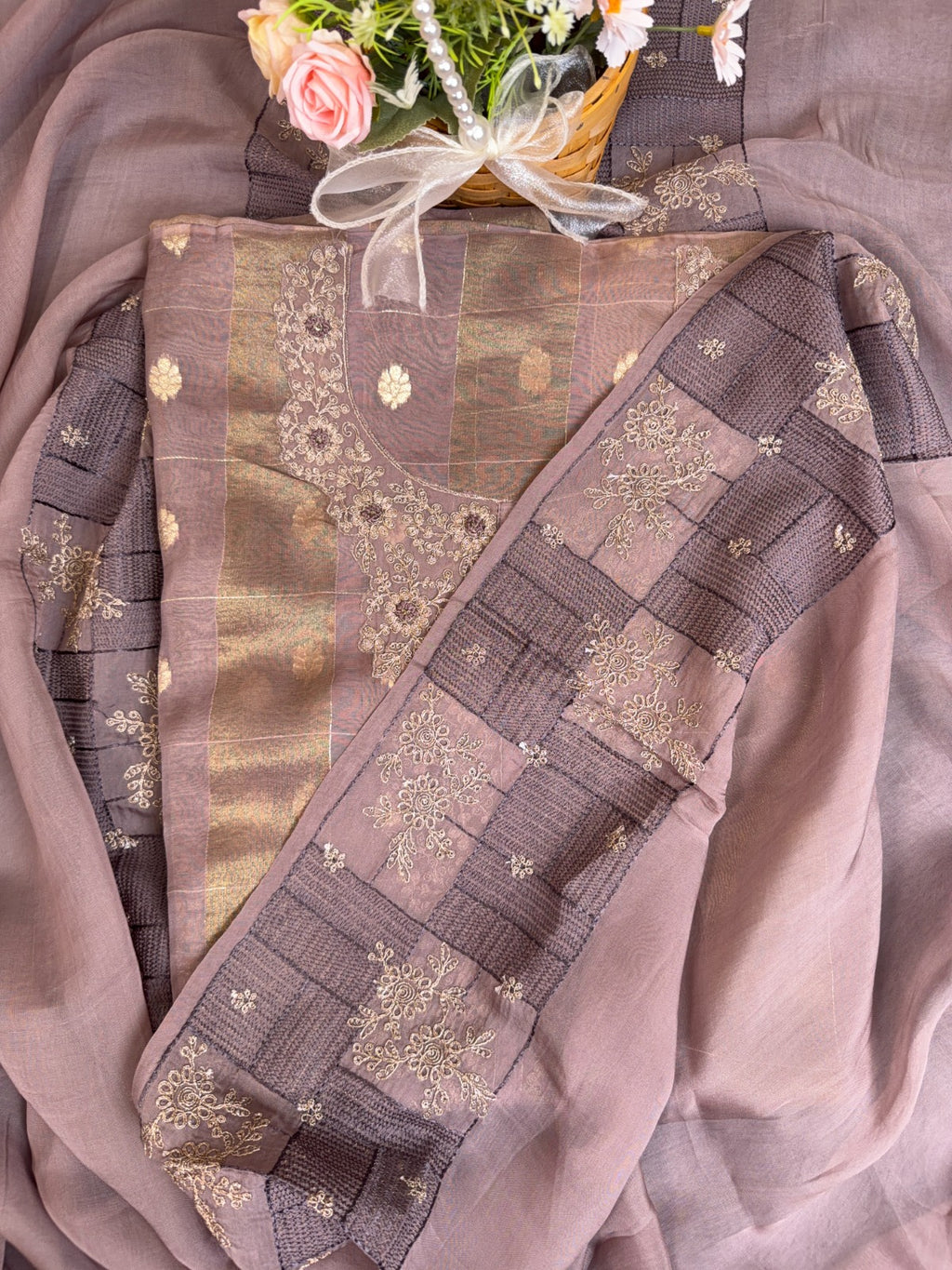 Luxurious Banarasi Tissue Suit with Dorri and Knots Work