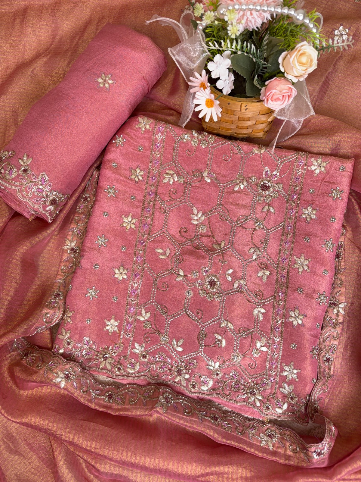 Exquisite Peachy Pink Crepe Tissue Suit with Sequins, Gota Patti and Dabka Work