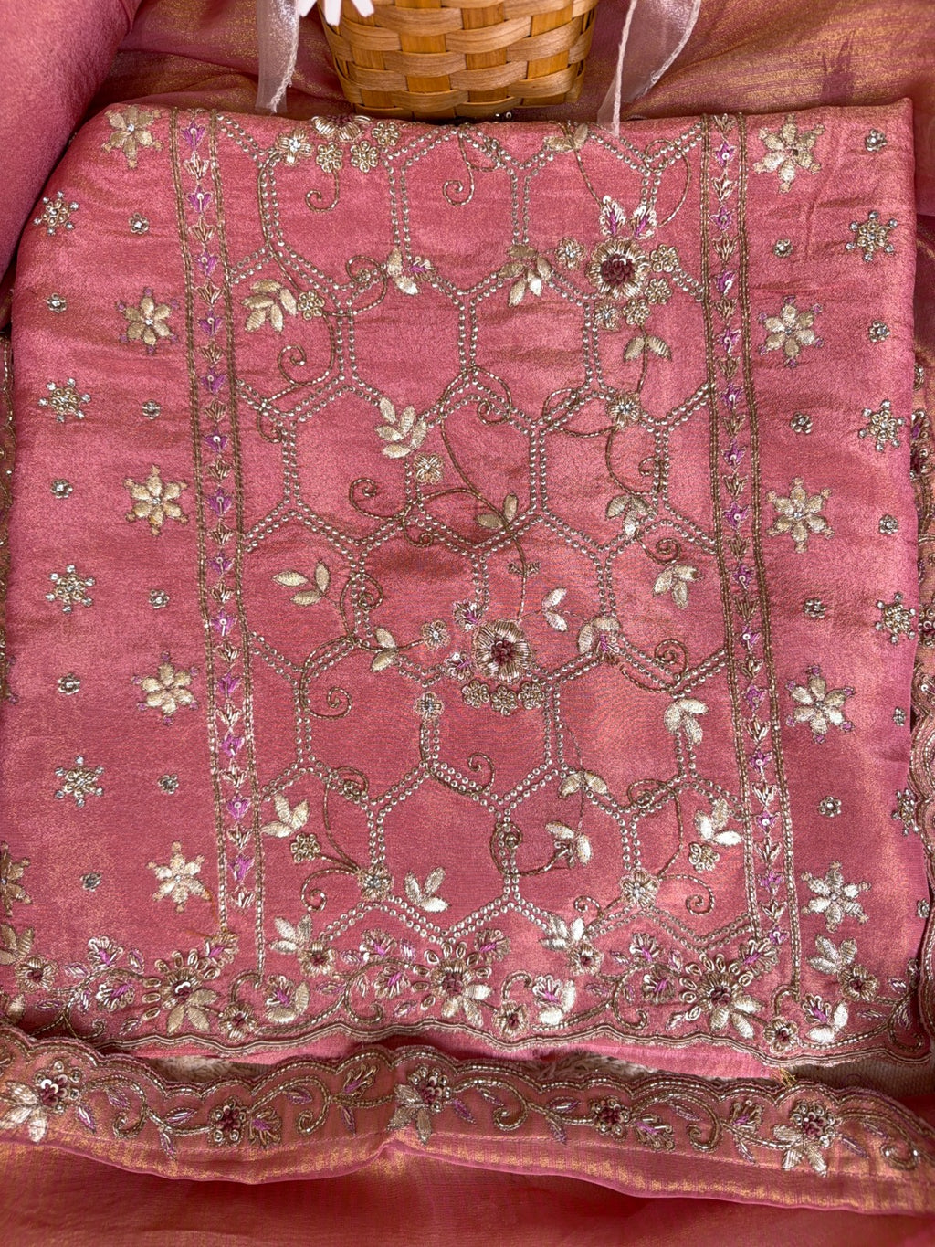 Exquisite Peachy Pink Crepe Tissue Suit with Sequins, Gota Patti and Dabka Work